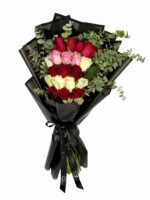 Luxury red, white and pink roses bouquet with eucalyptus by Flowsent, wrapped in black – flower delivery in Cairo and Giza