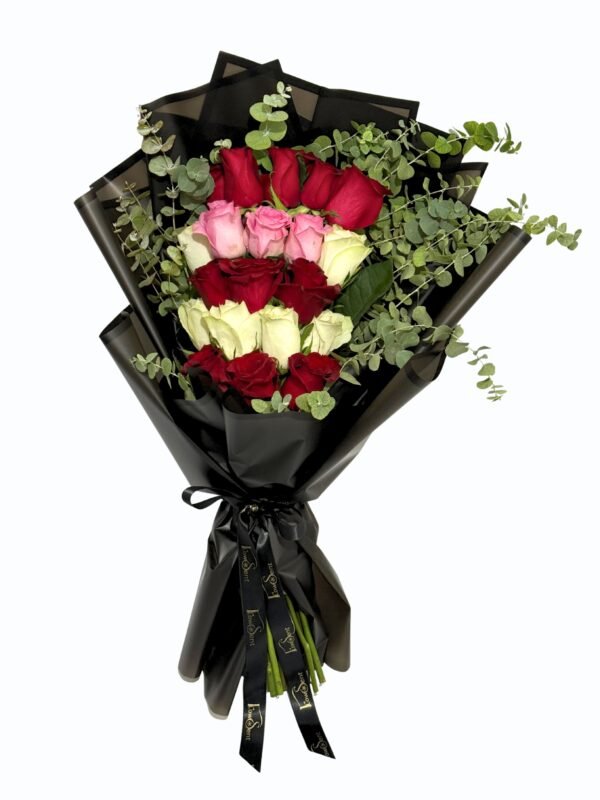Luxury red, white and pink roses bouquet with eucalyptus by Flowsent, wrapped in black – flower delivery in Cairo and Giza