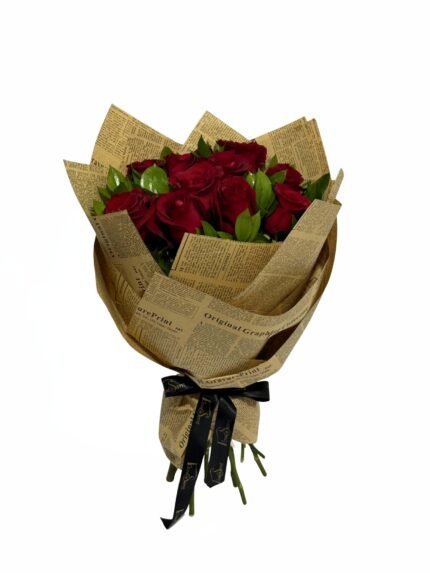 Classic 15 red roses bouquet wrapped in vintage paper by Flowsent – Valentine’s flower delivery in Cairo and Giza