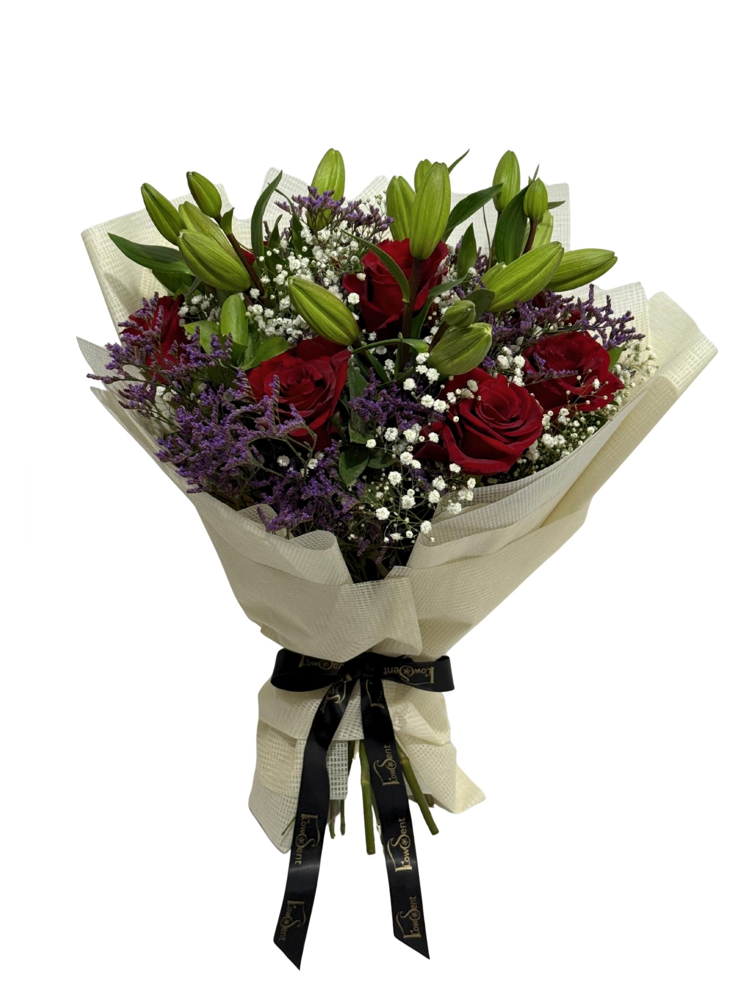Heartbeat – Valentine’s Roses & Lilies Bouquet | Flower Delivery in Cairo & Giza Romantic Valentine’s bouquet of red roses with lilies, gypsophila and limonium by Flowsent – flower delivery in Cairo and Giza
