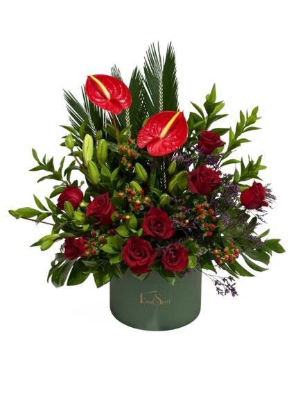 Luxury Valentine’s flower box with red roses, anthurium and lilies by Flowsent – flower delivery in Cairo and Giza