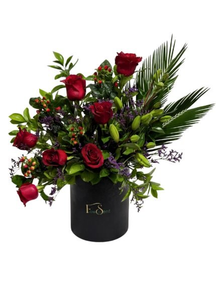 Elegant Valentine’s flower box with red roses, hypericum, lilies and limonium by Flowsent – flower delivery in Cairo and Giza