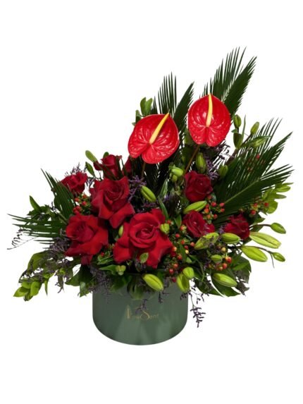 Lover Valentine’s flower box with red roses, anthuriums and lilies by Flowsent – flower delivery in Cairo and Giza