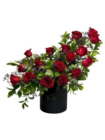 Heartbeat Valentine’s flower box with red roses, eucalyptus, and limonium by Flowsent – luxury flower delivery in Cairo and Giza