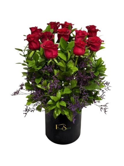 Love Signal Valentine’s flower box with red roses and limonium by Flowsent – flower delivery in Cairo and Giza