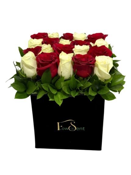 XOXO Valentine’s flower box with red and white roses by Flowsent – flower delivery in Cairo and Giza
