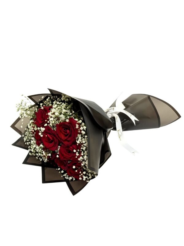 Quiet Love Valentine’s bouquet with red roses and gypsophila by Flowsent – flower delivery in Cairo and Giza