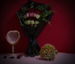 Luxury red, white and pink roses bouquet with eucalyptus by Flowsent, wrapped in black – flower delivery in Cairo and Giza