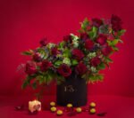 Heartbeat Valentine’s flower box with red roses, eucalyptus, and limonium by Flowsent – luxury flower delivery in Cairo and Giza