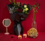 Romantic Valentine’s bouquet of red and white roses with lilies by Flowsent – flower delivery in Cairo and Giza