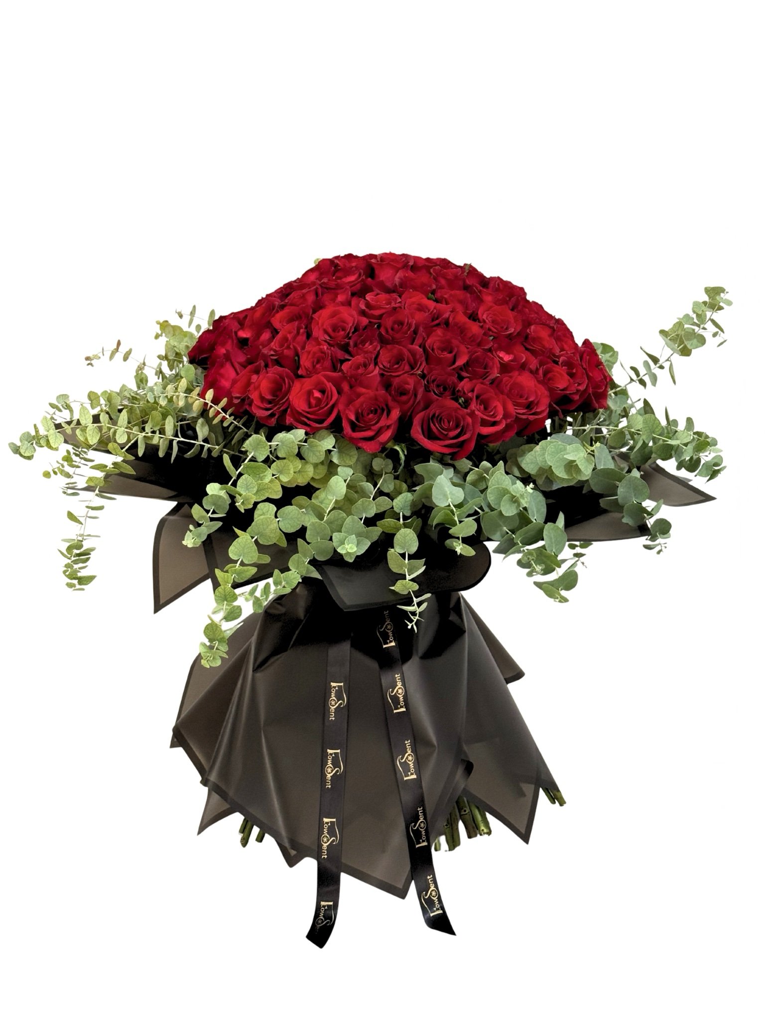 Rouge – 100 Red Roses Valentine’s Bouquet | Luxury Flower Delivery in Cairo & Giza Luxury Valentine’s red roses bouquet by Flowsent with eucalyptus – flower delivery in Cairo and Giza