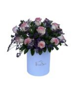 Midnight Bloom pink Jumilia roses with purple statice in luxury white box by Flowsent – delivery in Cairo and Giza