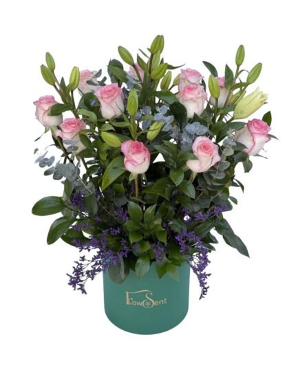 Pink Garden flower box with pink roses and lilies by Flowsent – delivery in Cairo and Giza