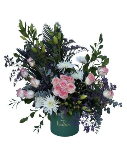 Home Bloom luxury flower box with pink roses, lilies and greenery by Flowsent – delivery in Cairo and Giza