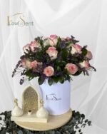 Midnight Bloom pink Jumilia roses with purple statice in luxury white box by Flowsent – delivery in Cairo and Giza